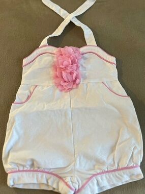 Janie and Jack White Halter Romper with Pink Trim and Floral Accent